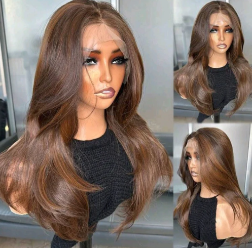Chocolate Brown Curtain Bangs Lace Front Wig