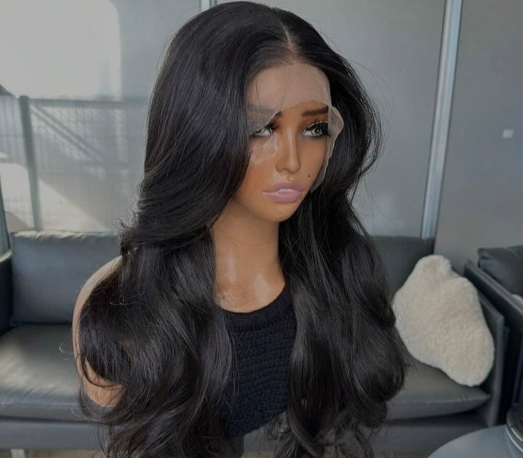 Natural Black Curtain Bangs Human Hair Blend Lace Front Wig