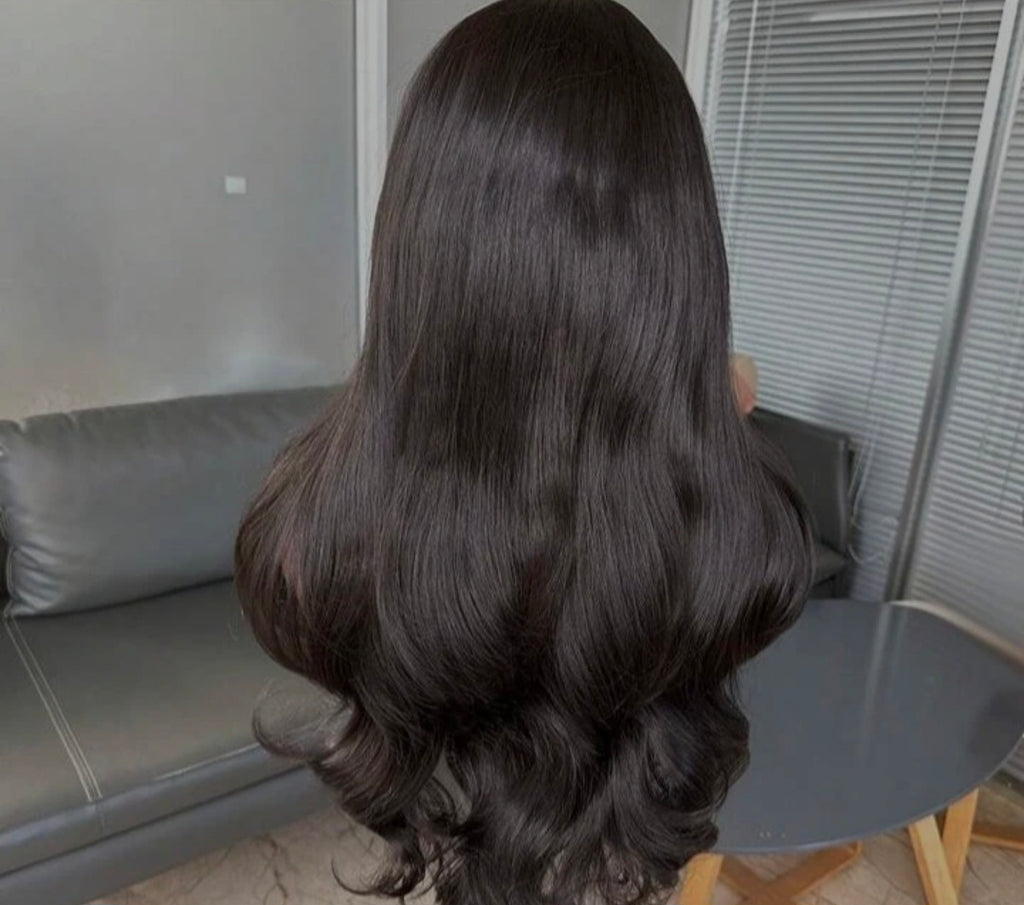 Natural Black Curtain Bangs Human Hair Blend Lace Front Wig